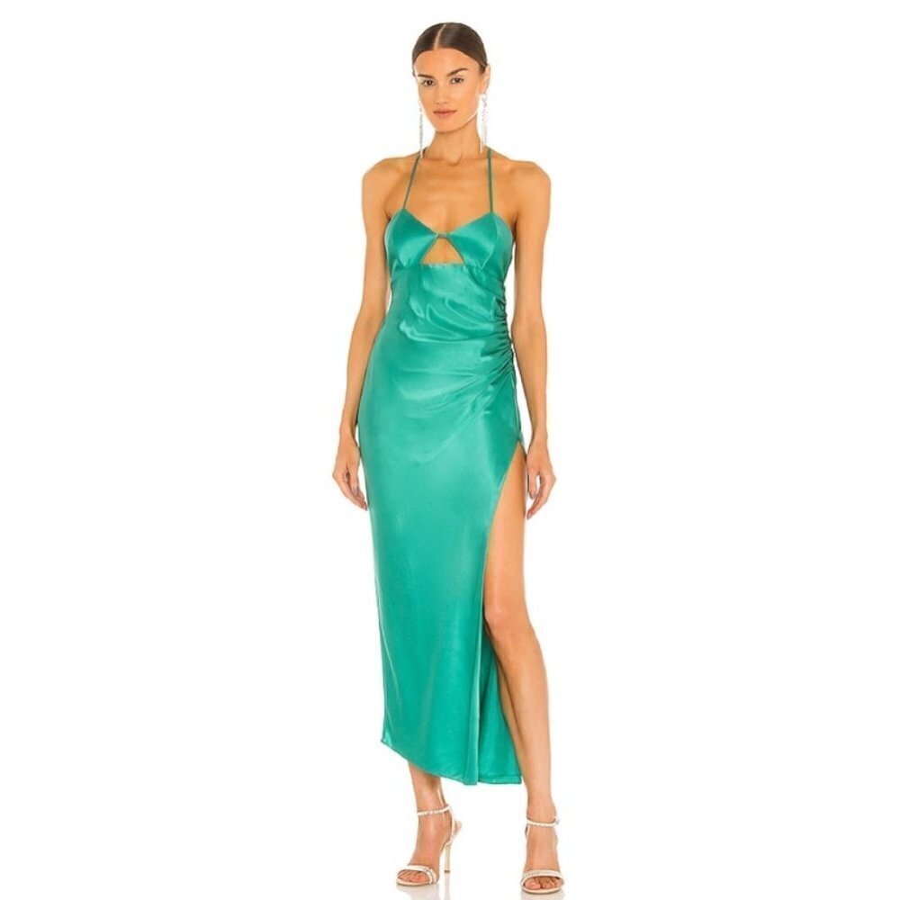 THE SEI 100% Silk Cut Out Thigh Slit Ruched Midi Dress Jade Green Satin XS Prom